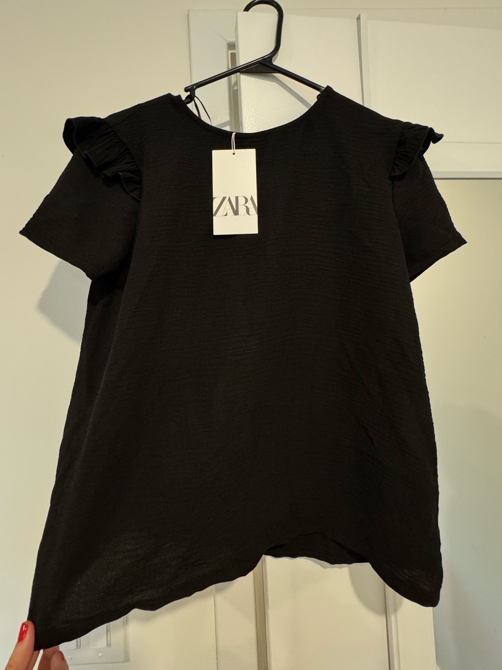 Zara Black Short Sleeve Ruffle Shoulder Blouse